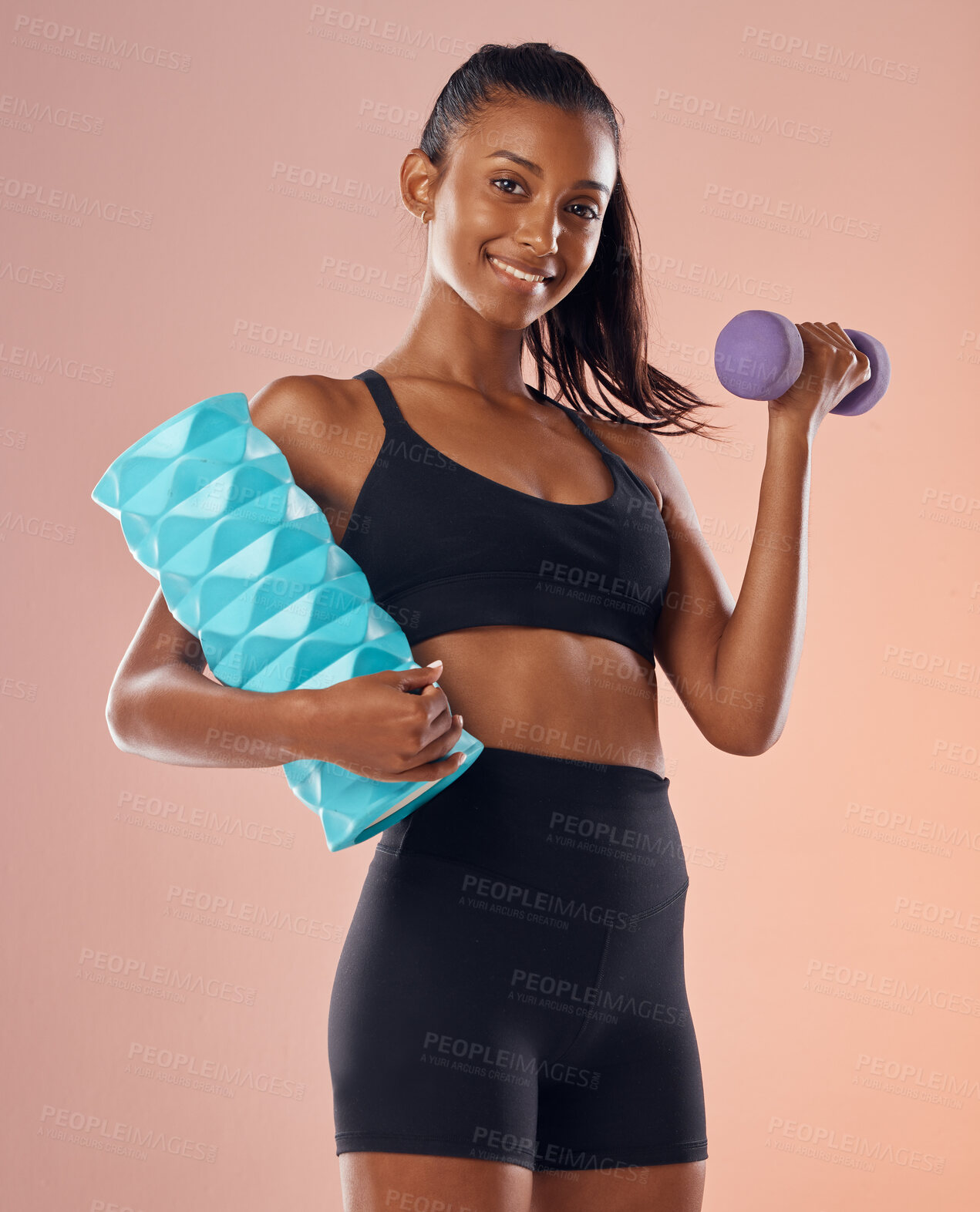 Buy stock photo Active, weight training and fit woman on diet at gym for body health, healthy muscles and flexibility. Young slim female doing fitness pilates workout or exercise for mobility, wellness and strength