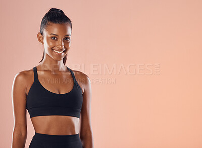 Buy stock photo Fitness, happy and healthy female athlete with a smile for wellness and body care with copy space background. Portrait fit sport model smiling and slim after training, exercise or workout rotuine