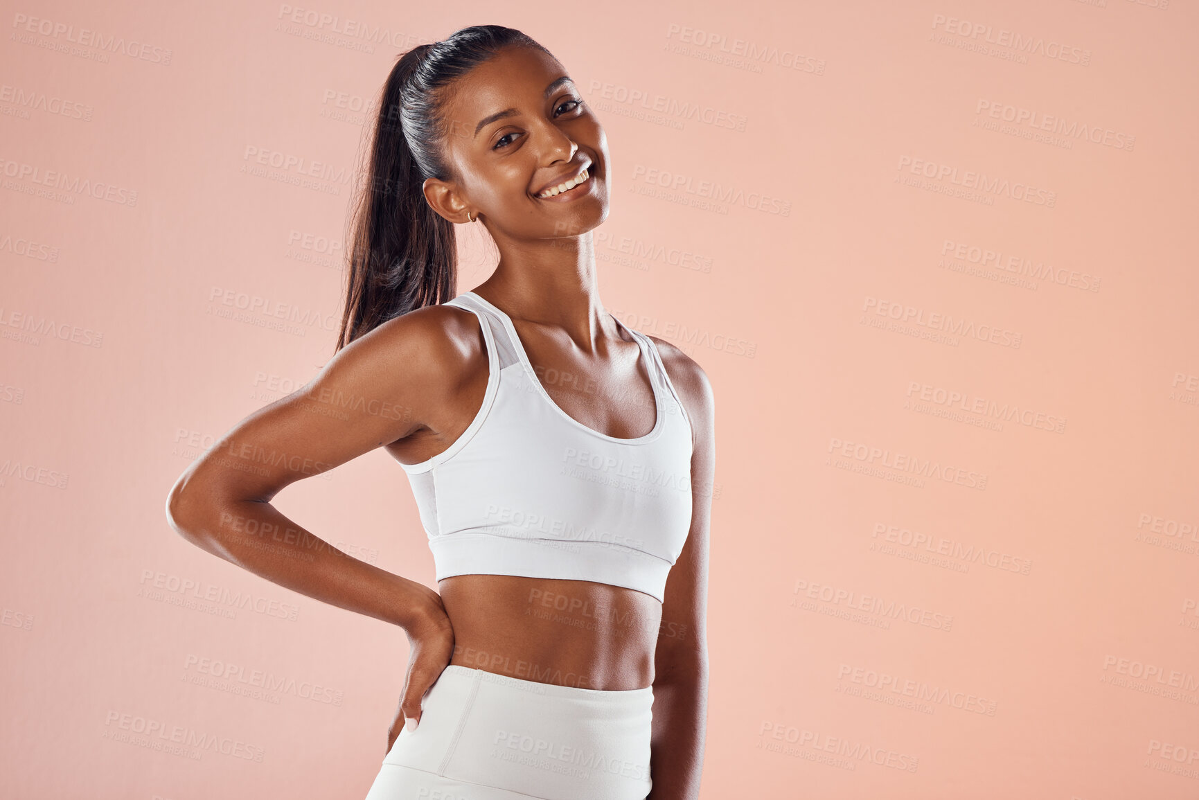 Buy stock photo Fit, athletic and stylish female athlete in sportswear smiling and feeling happy, ready and excited for a workout. Portrait of a cute African American athlete with an active style