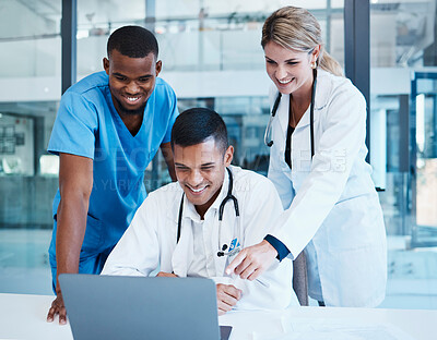 Buy stock photo Doctors, medical professionals or healthcare workers with laptop talking, meeting or planning medicine treatment. Diverse group of happy clinic frontline colleagues researching virus cure in hospital