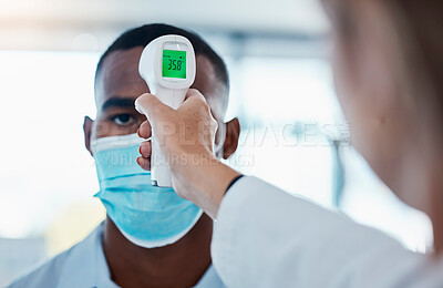 Buy stock photo Temperature, thermometer and covid routine before entering office, workplace or company. Business man with mask checking fever by doctor or colleague to prevent spread of disease, illness or sickness