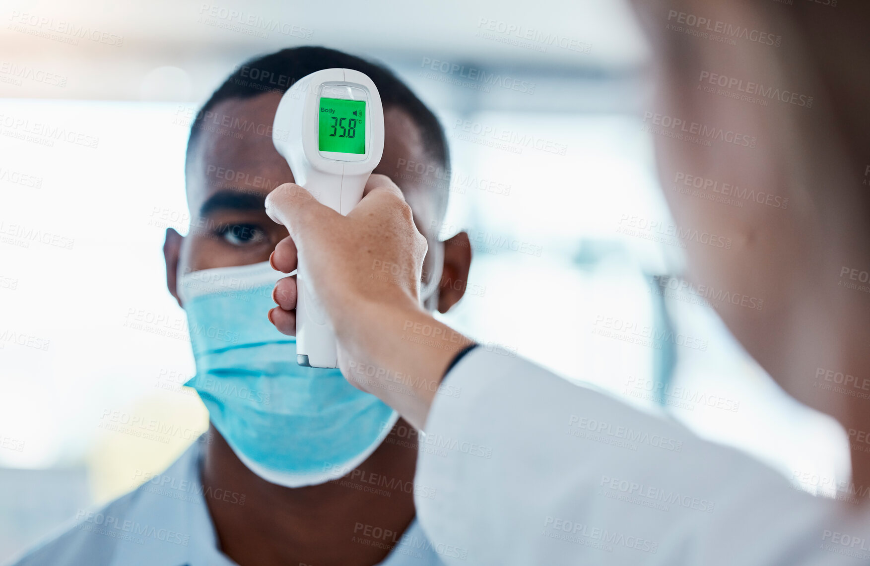 Buy stock photo Temperature, thermometer and covid routine before entering office, workplace or company. Business man with mask checking fever by doctor or colleague to prevent spread of disease, illness or sickness