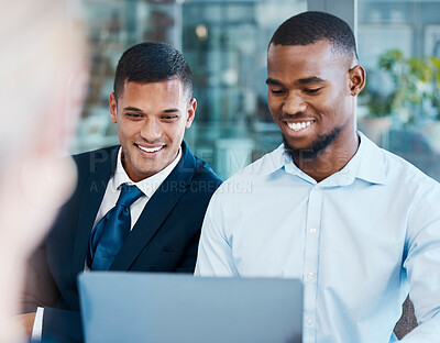 Buy stock photo Cooperation, teamwork and working together on laptop male colleagues, businessmen or entrepreneurs smiling and satisfied with report. Happy and cheerful coworkers sitting together and working