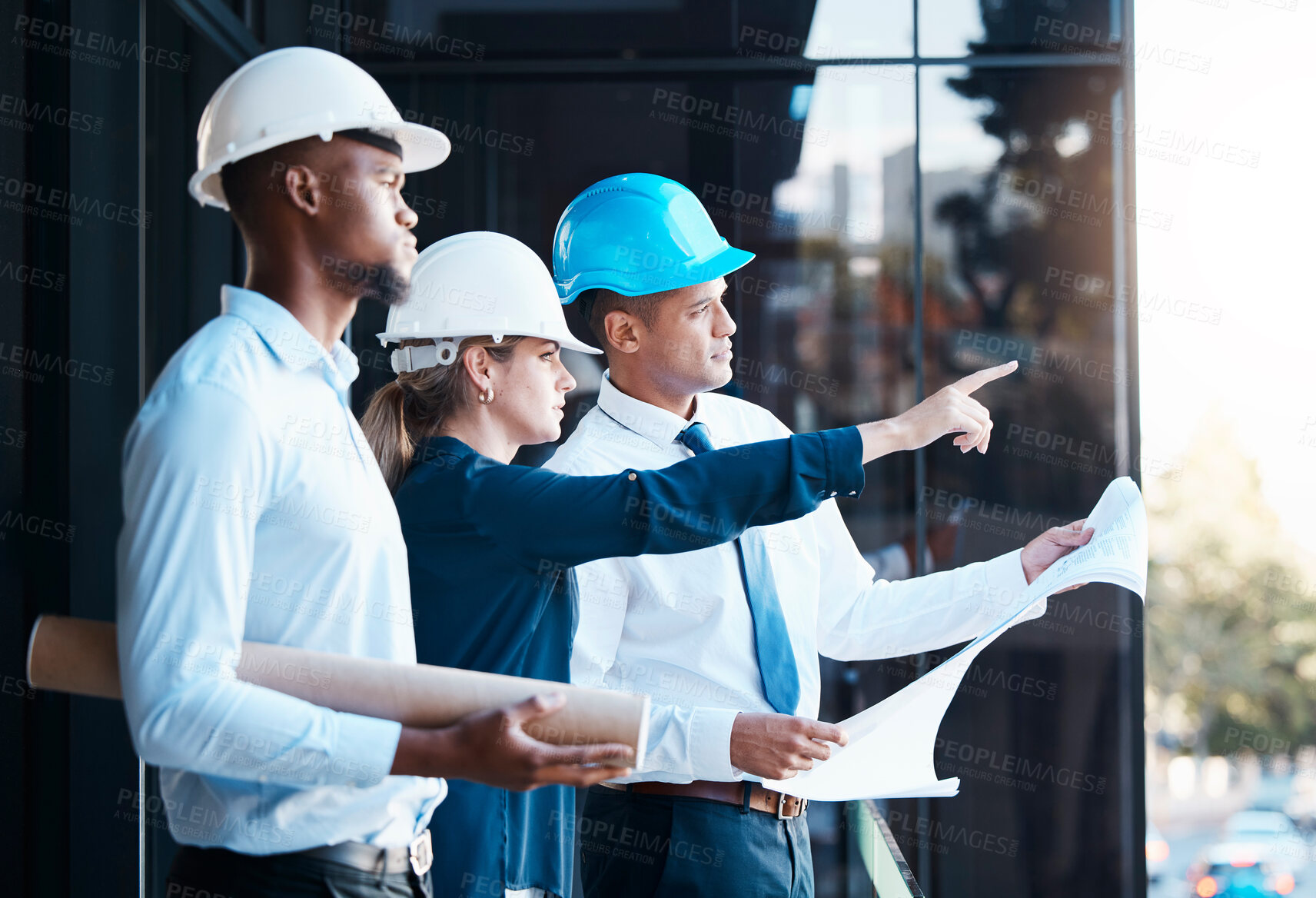 Buy stock photo Construction, architecture and management of project planning. Blueprint, design and engineers meeting to discuss work strategy. Professional team, leadership and efficiency on the building site.