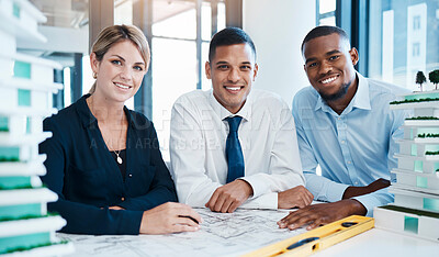 Buy stock photo Industrial design, development and diverse engineers working on an innovative project as a team. Portrait of multiracial, expert and professional industry workers analyzing a construction drawing.