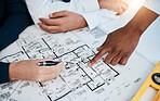 Architect people working on architecture design, blueprint or floor plan engineering with paper, hands and planning studio closeup. Business team industry workers collaboration on project development