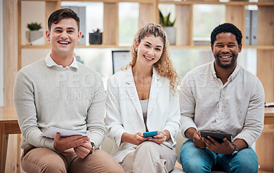 Buy stock photo Business team community, collaboration and happy office workers with digital devices ready to work. Portrait of staff group diversity while working on a digital marketing teamwork project together
