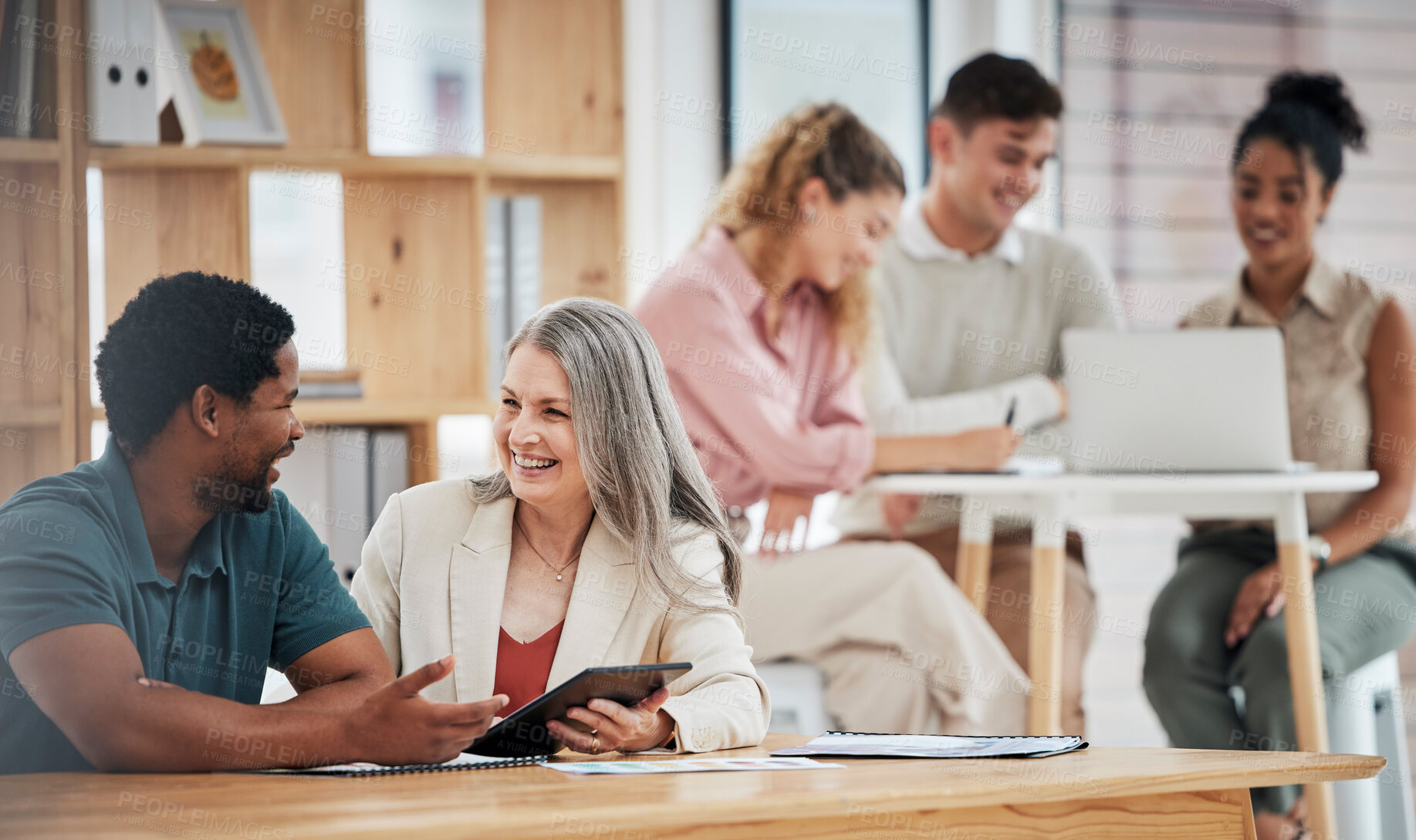 Buy stock photo Teamwork, planning and strategy with female leader, senior boss and manager talking to an employee or colleague in the office. Discussing the vision and mission for company growth and development