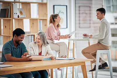 Buy stock photo Creative marketing agency or team planning talking about business innovation and growth strategy. Group of advertising employees discussing a company project working together in meeting at the office