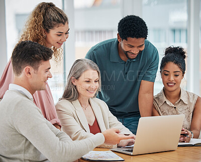 Buy stock photo Teamwork, togetherness and unity with a team of colleagues and female leader, boss or manager working on a laptop during a boardroom meeting in the office. Planning, discussing and talking strategy