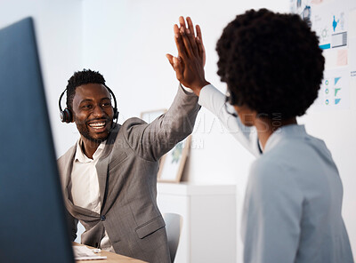 Buy stock photo Customer service, call center and high five between colleagues celebrating a sale, reaching target or success at desk. Telemarketing agents or operators offering support, motivation and good service