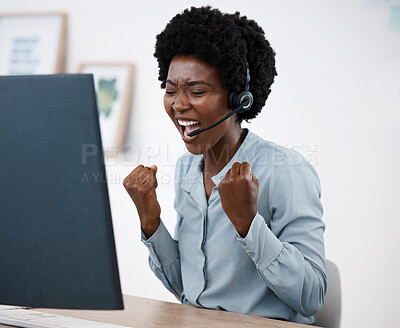 Buy stock photo Happy business woman meeting target, excited black girl in corporate and virtual assistant hired. Dark skin African at work, home office desk, computer headphones and remote work team online call