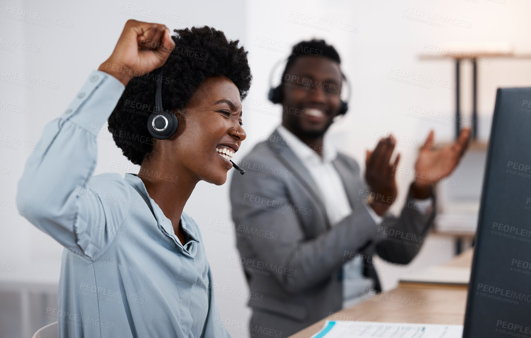 Buy stock photo Celebrating, cheering and success with a female call center agent or support staff employee working in service or sales. Helping, assisting and talking to solve problems and provide feedback