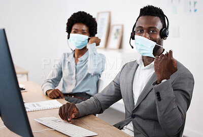 Buy stock photo Customer service workers with protection from covid, mask and good hygiene. Online, call center or IT hotline support employees with headset, social distancing in corona virus pandemic or lockdown 