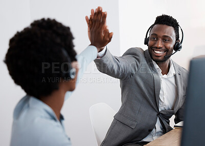 Buy stock photo High five, congratulations and success with support staff or customer service personnel working together in a call center. Closing a deal, making a sale solving a problem to help and assist online