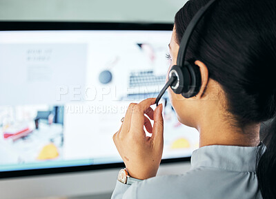 Buy stock photo Call center agent giving online support with computer screen, working as advisor and doing telemarketing in an office at work from behind. Closeup of customer service representative talking with pc
