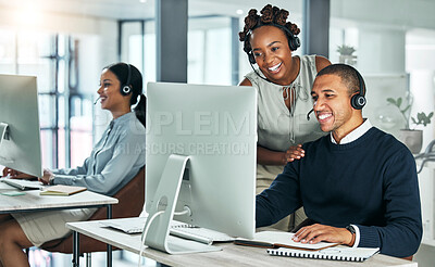 Buy stock photo Support, training and coaching, a call center manager is happy to help her team. Collaboration, leadership and teamwork at a tech startup. Office diversity, young men and women working with computers