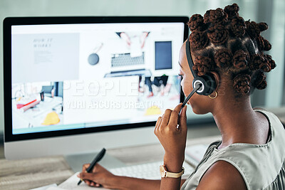 Buy stock photo Marketing agent, sales consultant and call center operator working on computer while networking, talking and consulting. Business woman selling, helping and writing notes for online customer service