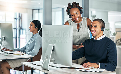 Buy stock photo Manager training call center agent on computer with talking, discussing and negotiating deals, sales and promotions for customer. Office colleagues leader helping learning intern with client on tech