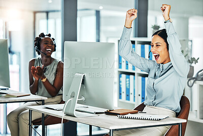 Buy stock photo Excited, celebrating and working customer service agent happy about job success and promotion. Call centre web help, support and helpdesk worker with headset celebrate a career win or big bonus
