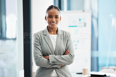 Buy stock photo Proud, formal corporate businesswoman with arms crossed showing professional leadership, in marketing strategy presentation. Smiling employee standing in company boardroom for business meeting