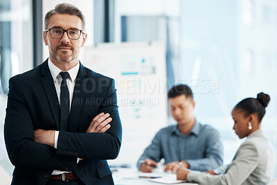 Buy stock photo Leader, manager and ceo working in management for a corporate company with vision, leadership and confidence for startup success. Portrait of serious executive, business man and boss in an office
