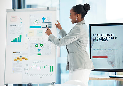Buy stock photo Business presentation, pitch or meeting of female leader and finance manager showing statistics and graphs of performance. A corporate woman or accountant talking about accounting strategy and growth