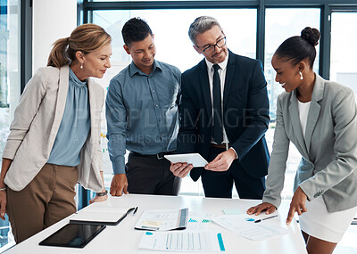 Buy stock photo Leadership vision, collaboration and teamwork of a business team in an office work meeting. Corporate company management working on an accounting strategy, finance planning or a financial project
