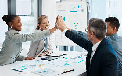 Buy stock photo High five, success and motivated business group celebrating innovation deal, promotion or profits. Diverse executive team with growth mindset cheering and analyzing report data in boardroom meeting