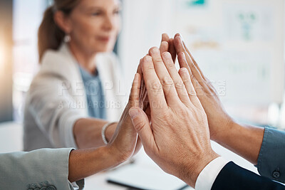 Buy stock photo Hands of corporate, businesspeople or staff together in solidarity, unity and collaboration for common vision and mission. Trust team building group meeting of business professionals at office