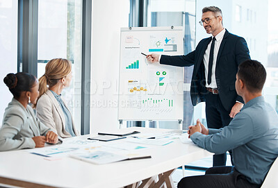 Buy stock photo Presentation, training and workshop with a senior manager, leader or CEO coaching and teaching staff during a meeting in the boardroom. Boss talking to colleagues about the company vision and mission