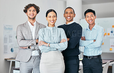Buy stock photo Diverse, happy and proud team of employees happy and smiling about business success at the office. Portrait of a female leader with a group of colleagues with a positive mindset for company growth