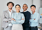 Businesspeople, team or group of young professionals, staff or interns in unity at office. Portrait of diverse company employees, colleagues and coworkers of b2b advertising and marketing agency