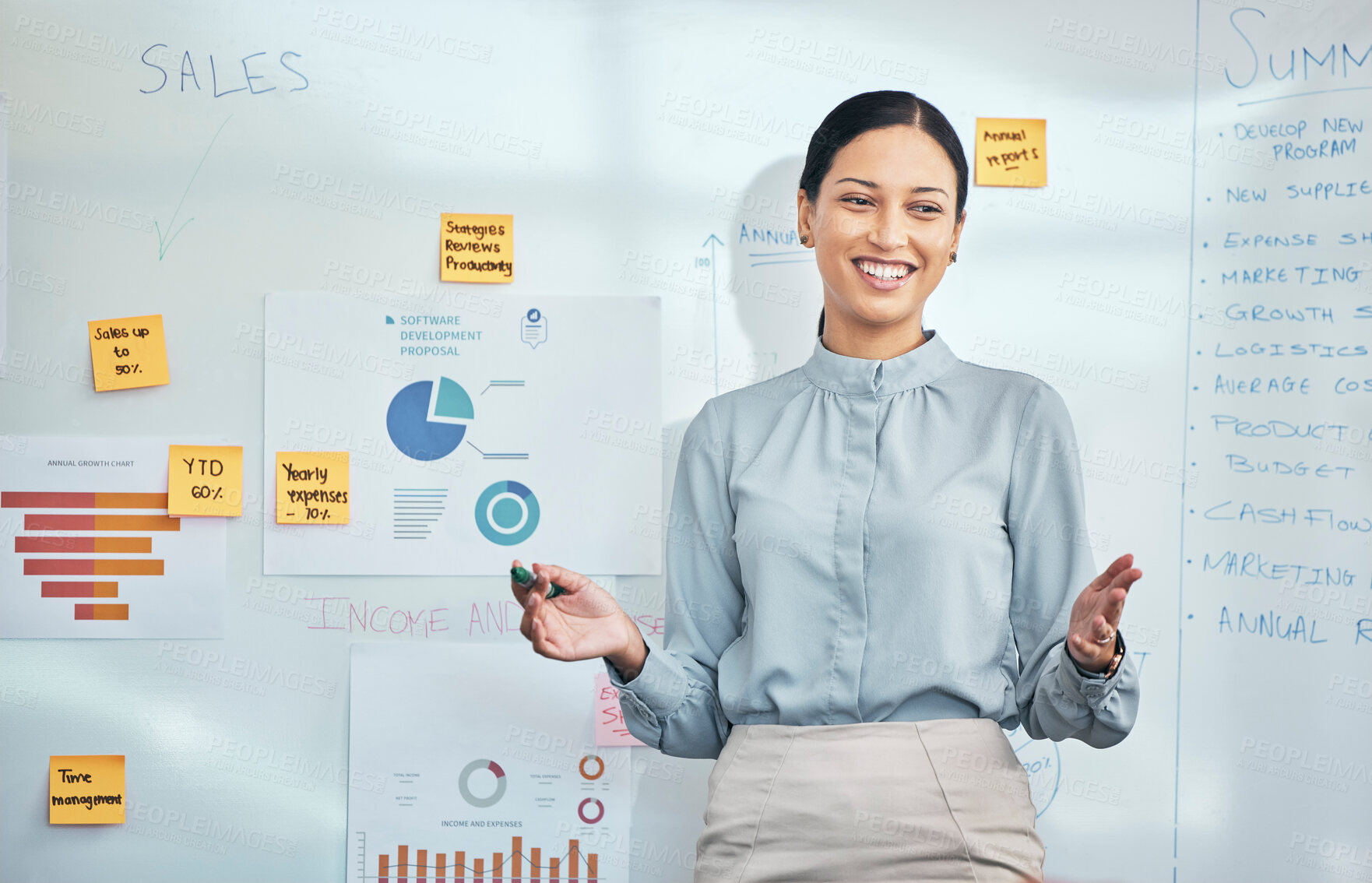 Buy stock photo Presentation, female leader and speaker explaining graphs, charts and data on a whiteboard at a seminar, business meeting workshop. Happy business economist analyst talking about growth and profit