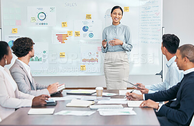 Buy stock photo Presentation, workshop and training seminar with a young business woman talking to her team of colleagues during a boardroom meeting. Learning, teaching and coaching during an upskilling session