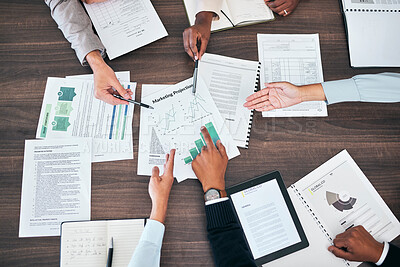 Buy stock photo Business teamwork hands in a sales, marketing and forecasting projection meeting or group discussion about company strategy for growth development. Top view of people looking at chart, graph and data