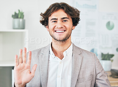 Buy stock photo Waving, greeting and friendly business man with a bright smile attending a virtual meeting or video call. Portrait of a cheerful, joyful and excited male employee joining an online webinar