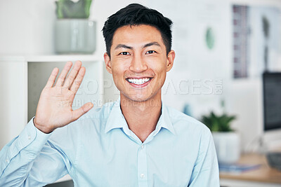 Buy stock photo Happy business man greeting, waving and saying hello with hand gesture while smiling and looking friendly in an office. Portrait of asian entrepreneur saying thank you or welcome during testimonial