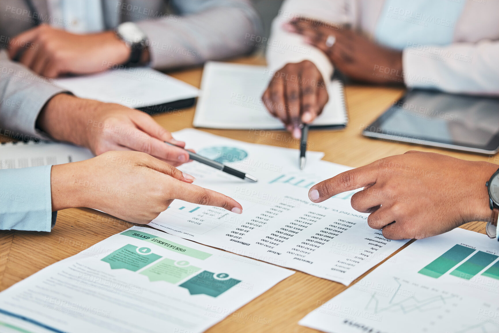 Buy stock photo Financial, marketing or strategy business meeting with group of formal work colleagues in boardroom conference. Closeup of team of professional employees working on data analysis report on company