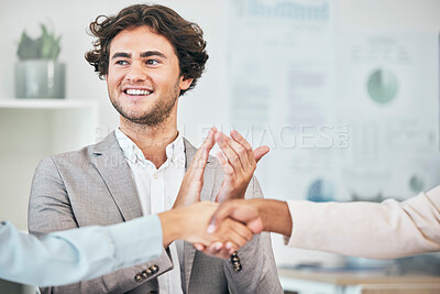 Buy stock photo Handshake, clapping hands and celebrating successful a deal or a business agreement in an office. Happy, smiling and excited male corporate professional applauding a partnership