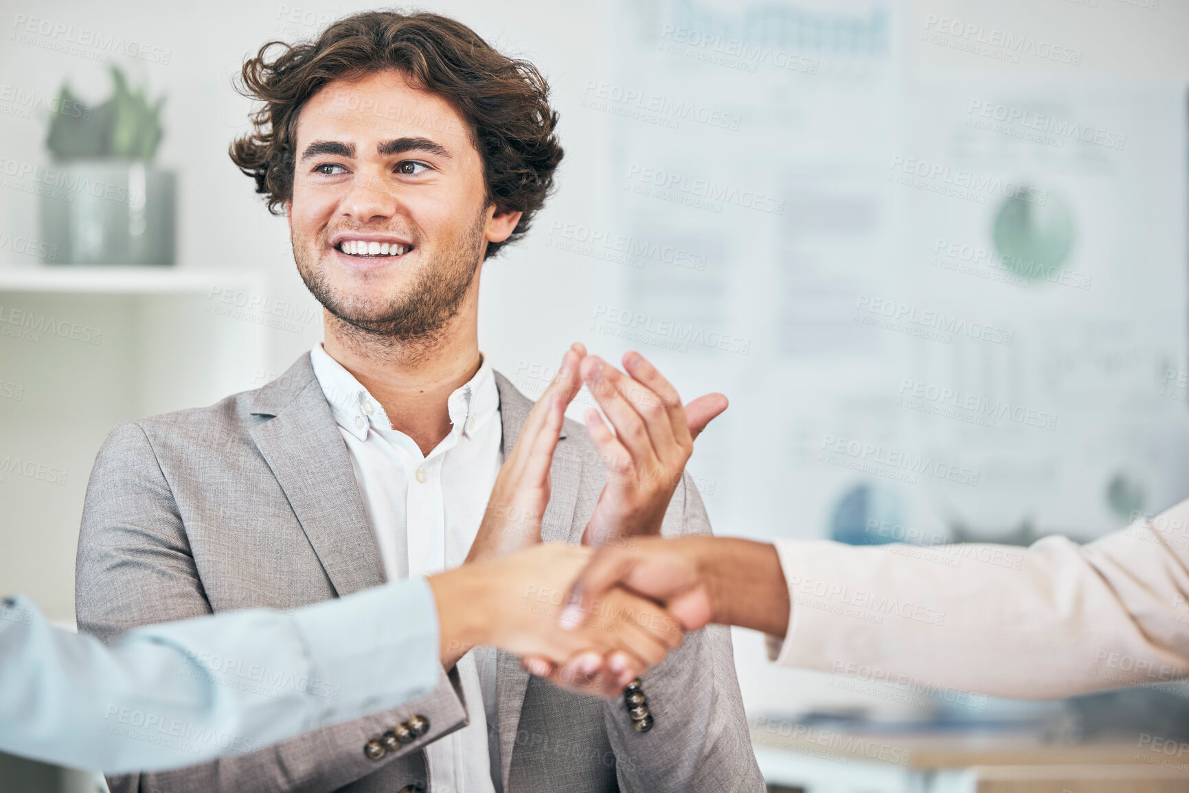 Buy stock photo Handshake, clapping hands and celebrating successful a deal or a business agreement in an office. Happy, smiling and excited male corporate professional applauding a partnership