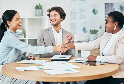 Buy stock photo Happy business people do handshake in agreement, congratulate and teamwork in office meeting after successful partnership deal with colleague clapping. Happy, about the promotion for startup company 