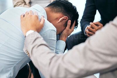 Buy stock photo Support and empathy for suffering from mental health, 
anxiety and depression businessman in group therapy. Love, care and trust from friends or coworkers for sad man in stress and pain from bad news