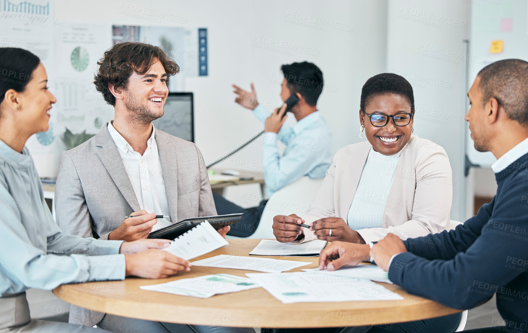 Buy stock photo Diverse, teamwork and collaboration business people in a meeting discussion looking happy with company growth and development. Marketing team talking, planning and discussing good seo strategy plan
