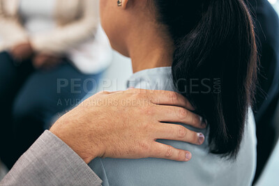 Hands comfort, empathy and shoulder closeup for person in support meeting. Trauma, depression or anxiety workshop for struggling people. Mental health, unity and trust in group convention or team.