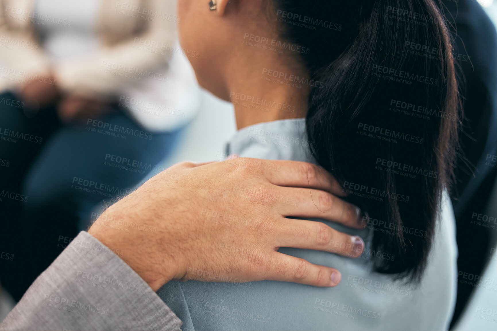 Buy stock photo Hands comfort, empathy and shoulder closeup for person in support meeting. Trauma, depression or anxiety workshop for struggling people. Mental health, unity and trust in group  convention or team. 
