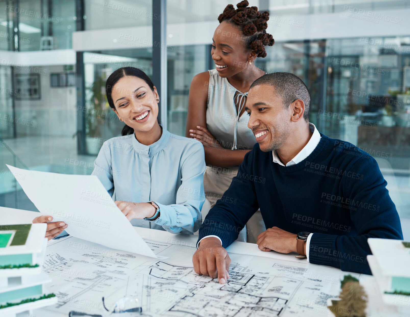 Buy stock photo 3d industrial architecture design and engineer planning collaboration and building model for construction in creative studio. Happy designer and diversity team meeting in office for property industry