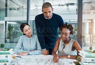 Buy stock photo Architect, engineering blueprint and industrial designer working on building design, sketch plan and construction project. Diverse team of creative people in collaboration for property development