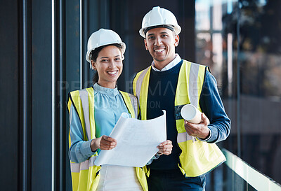 Buy stock photo Construction, engineering and building with a contractor, maintenance worker and technician working together as a team on a development site. Engineer and builder looking at plans or blueprints