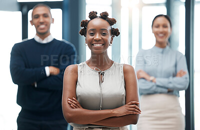 Buy stock photo Leadership, female empowerment and proud business woman standing with her team and smiling with her arms crossed. Portrait of happy young black leader with a positive vision and mindset